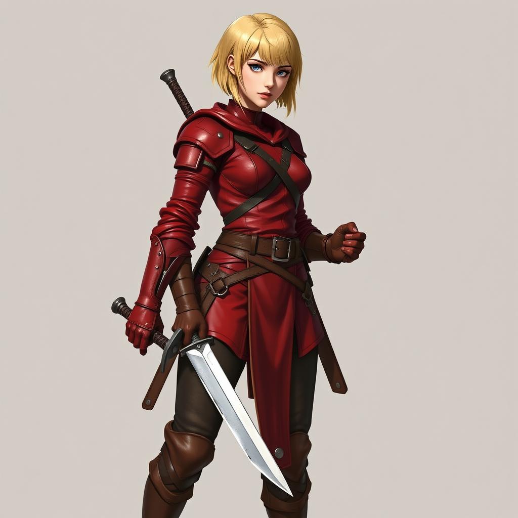 A standing female medieval rogue with short blonde hair, wearing striking red leather armor