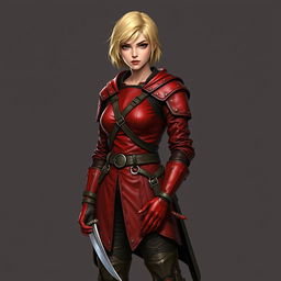 A standing female medieval rogue with short blonde hair, wearing striking red leather armor