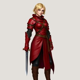 A standing female medieval rogue with short blonde hair, wearing striking red leather armor