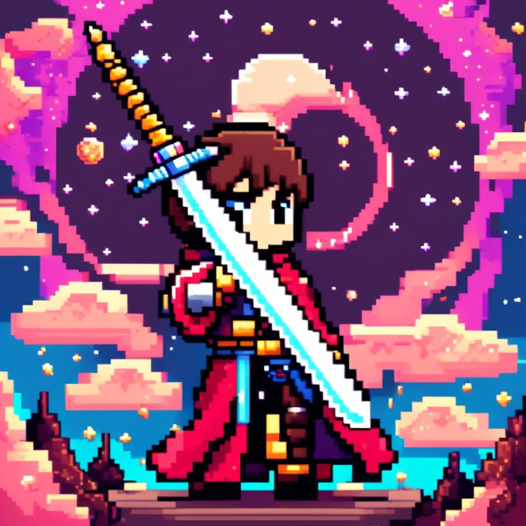 Pixel art profile picture featuring an intricately designed sword against a cosmic background filled with stars and galaxies.