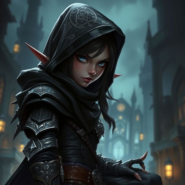 A female shadow gnome rogue character, elegantly poised in a dark and mysterious setting