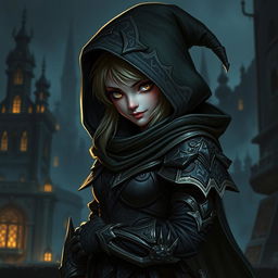 A female shadow gnome rogue character, elegantly poised in a dark and mysterious setting