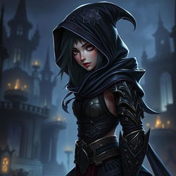 A female shadow gnome rogue character, elegantly poised in a dark and mysterious setting