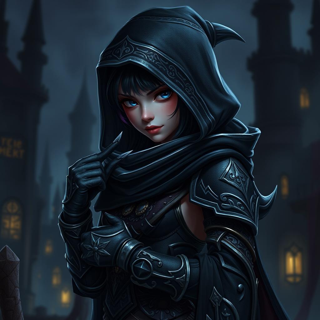 A female shadow gnome rogue character, elegantly poised in a dark and mysterious setting