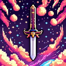 Pixel art profile picture featuring an intricately designed sword against a cosmic background filled with stars and galaxies.