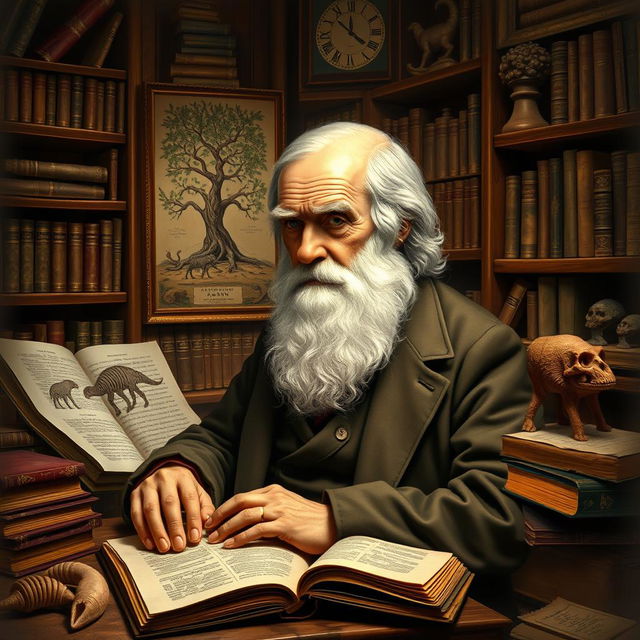 A detailed and artistic representation of Charles Darwin, the renowned naturalist, in a Victorian-era study filled with books, notes, and specimens