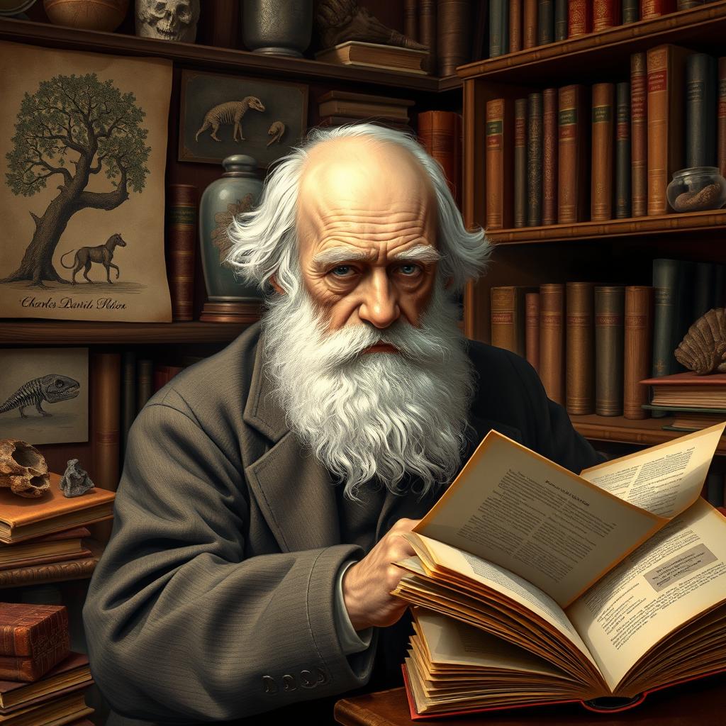 A detailed and artistic representation of Charles Darwin, the renowned naturalist, in a Victorian-era study filled with books, notes, and specimens