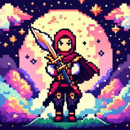 Pixel art profile picture featuring an intricately designed sword against a cosmic background filled with stars and galaxies.