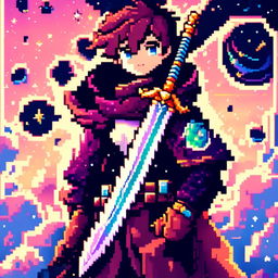 Pixel art profile picture featuring an intricately designed sword against a cosmic background filled with stars and galaxies.