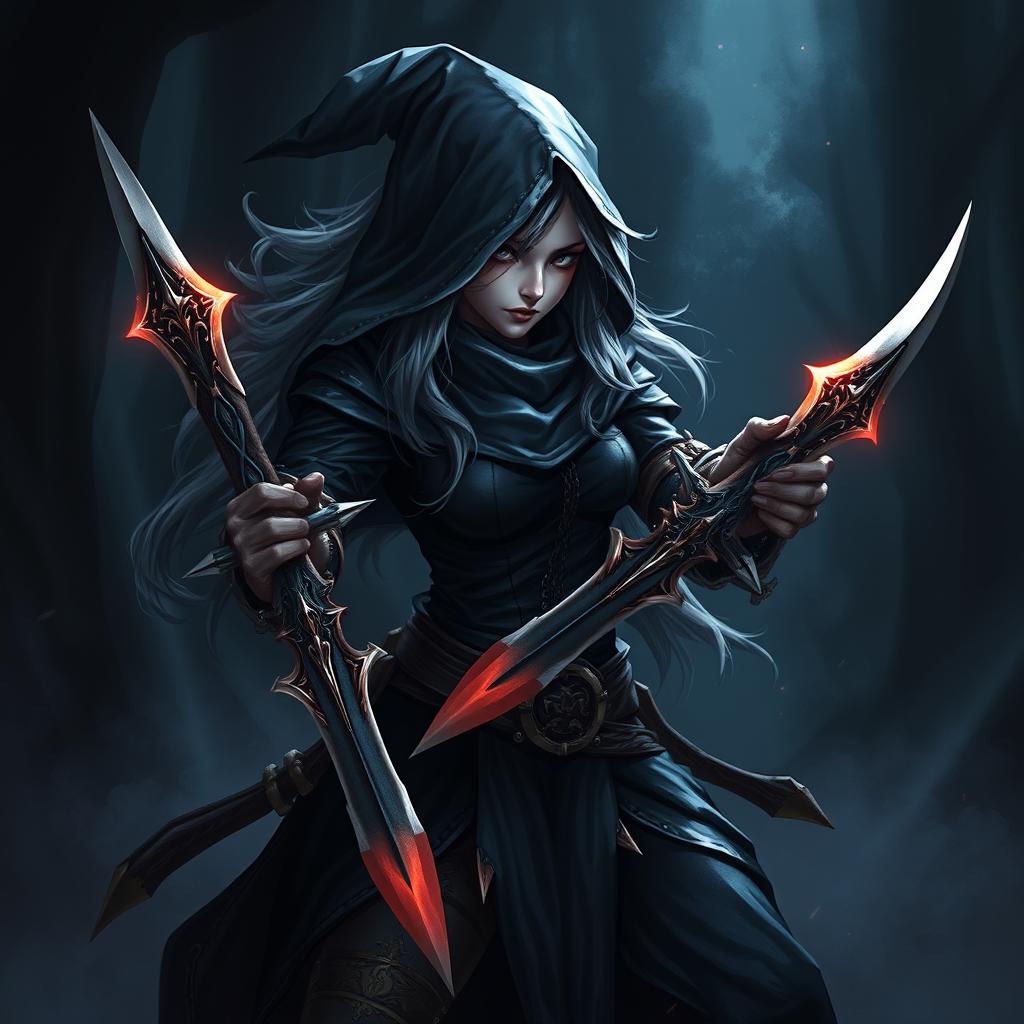 A shadow gnome rogue female character, showcasing intricate details of her dark attire, stealthy demeanor, and fierce expression