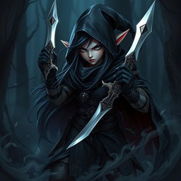 A shadow gnome rogue female character, showcasing intricate details of her dark attire, stealthy demeanor, and fierce expression