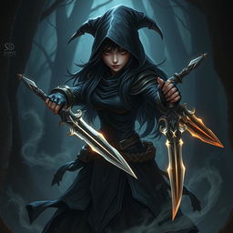 A shadow gnome rogue female character, showcasing intricate details of her dark attire, stealthy demeanor, and fierce expression