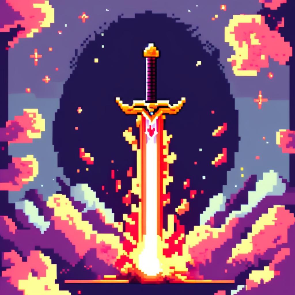 Pixel art of a flaming sword against a cosmic background.