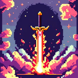 Pixel art of a flaming sword against a cosmic background.