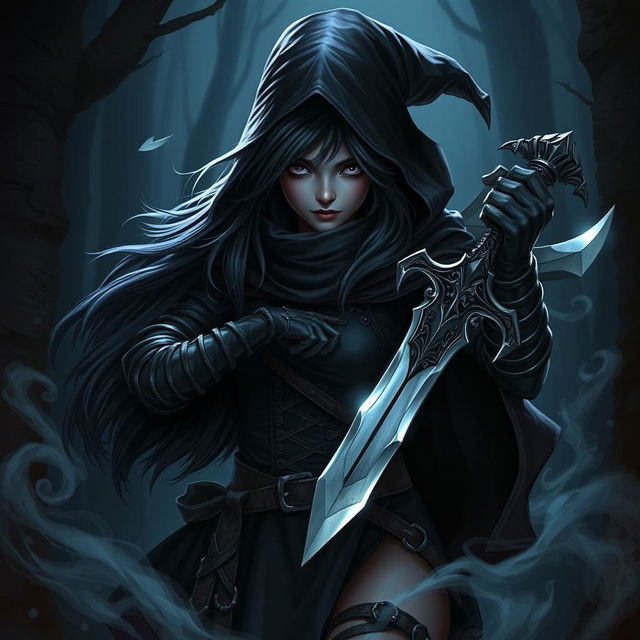 A shadow gnome rogue female character, showcasing intricate details of her dark attire, stealthy demeanor, and fierce expression