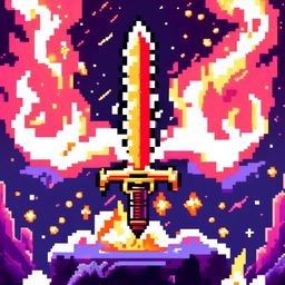 Pixel art of a flaming sword against a cosmic background.