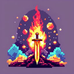 Pixel art of a flaming sword against a cosmic background.