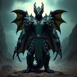 A standing black and green dragonborn warrior, fierce and majestic, wearing intricately designed scale armor that glimmers with shades of black and green