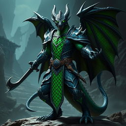 A standing black and green dragonborn warrior, fierce and majestic, wearing intricately designed scale armor that glimmers with shades of black and green