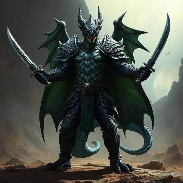 A standing black and green dragonborn warrior, fierce and majestic, wearing intricately designed scale armor that glimmers with shades of black and green