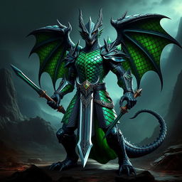 A standing black and green dragonborn warrior, fierce and majestic, wearing intricately designed scale armor that glimmers with shades of black and green