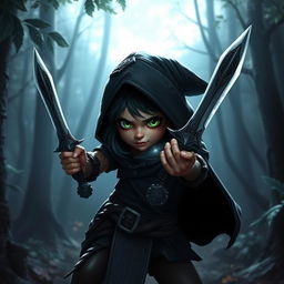 A small, shadowy female gnome rogue, expertly wielding two epic daggers, poised for stealth in a mystical forest