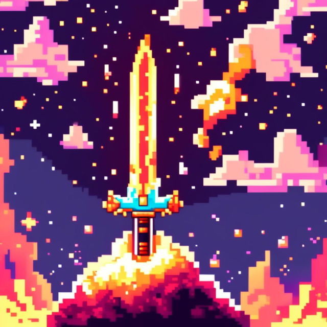 Pixel art of a flaming sword against a cosmic background.