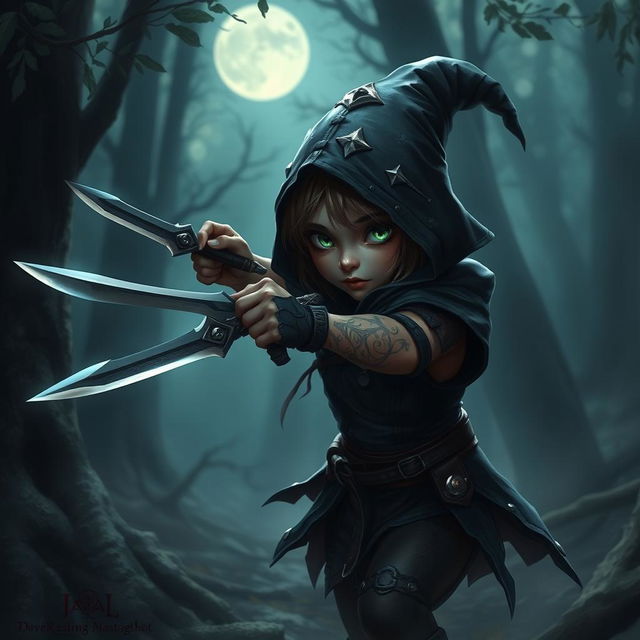 A small, shadowy female gnome rogue, expertly wielding two epic daggers, poised for stealth in a mystical forest