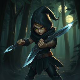 A small, shadowy female gnome rogue, expertly wielding two epic daggers, poised for stealth in a mystical forest