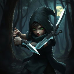 A small, shadowy female gnome rogue, expertly wielding two epic daggers, poised for stealth in a mystical forest