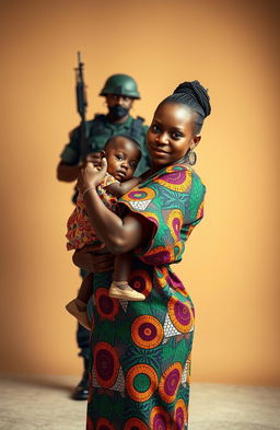 A powerful image of a strong Black woman wearing a vibrant African dress, beautifully patterned with traditional colors and designs, gracefully carrying a child in her arms