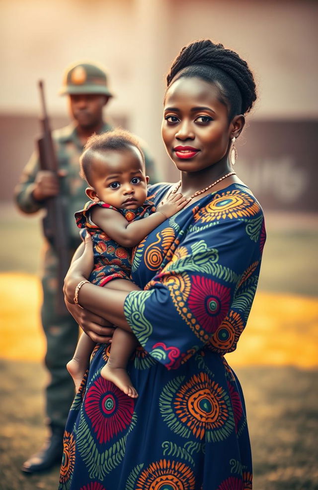 A powerful image of a strong Black woman wearing a vibrant African dress, beautifully patterned with traditional colors and designs, gracefully carrying a child in her arms