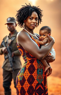 A powerful image of a strong Black woman wearing a vibrant African dress, beautifully patterned with traditional colors and designs, gracefully carrying a child in her arms
