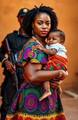 A powerful image of a strong Black woman wearing a vibrant African dress, beautifully patterned with traditional colors and designs, gracefully carrying a child in her arms