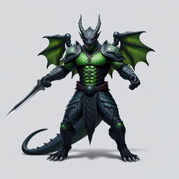 A standing black and green dragonborn warrior, powerful and imposing, depicted without wings, wearing intricately designed scale armor that showcases a blend of black and green colors