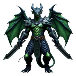 A standing black and green dragonborn warrior, powerful and imposing, depicted without wings, wearing intricately designed scale armor that showcases a blend of black and green colors