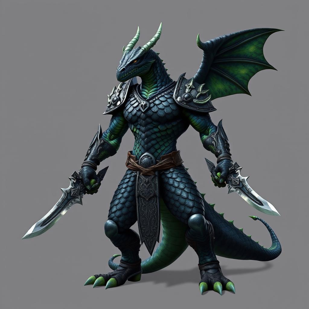 A standing black and green dragonborn warrior, powerful and imposing, depicted without wings, wearing intricately designed scale armor that showcases a blend of black and green colors