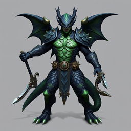 A standing black and green dragonborn warrior, powerful and imposing, depicted without wings, wearing intricately designed scale armor that showcases a blend of black and green colors