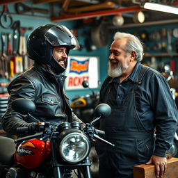A meeting between a confident motorcycle rider and a cheerful old mechanic, set in a vibrant garage