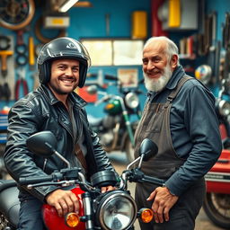 A meeting between a confident motorcycle rider and a cheerful old mechanic, set in a vibrant garage