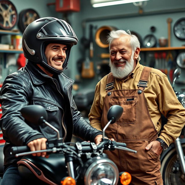 A meeting between a confident motorcycle rider and a cheerful old mechanic, set in a vibrant garage