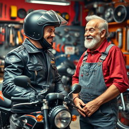 A meeting between a confident motorcycle rider and a cheerful old mechanic, set in a vibrant garage