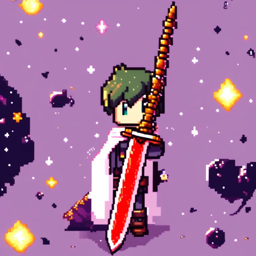 Pixel art profile picture featuring a standalone sword against a cosmic background filled with stars and galaxies.