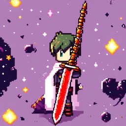 Pixel art profile picture featuring a standalone sword against a cosmic background filled with stars and galaxies.