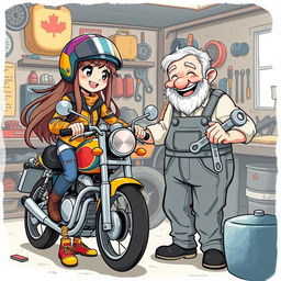 A whimsical illustration of a girl motorcycle rider meeting a jovial old mechanic