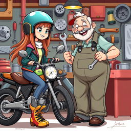 A whimsical illustration of a girl motorcycle rider meeting a jovial old mechanic