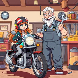 A whimsical illustration of a girl motorcycle rider meeting a jovial old mechanic