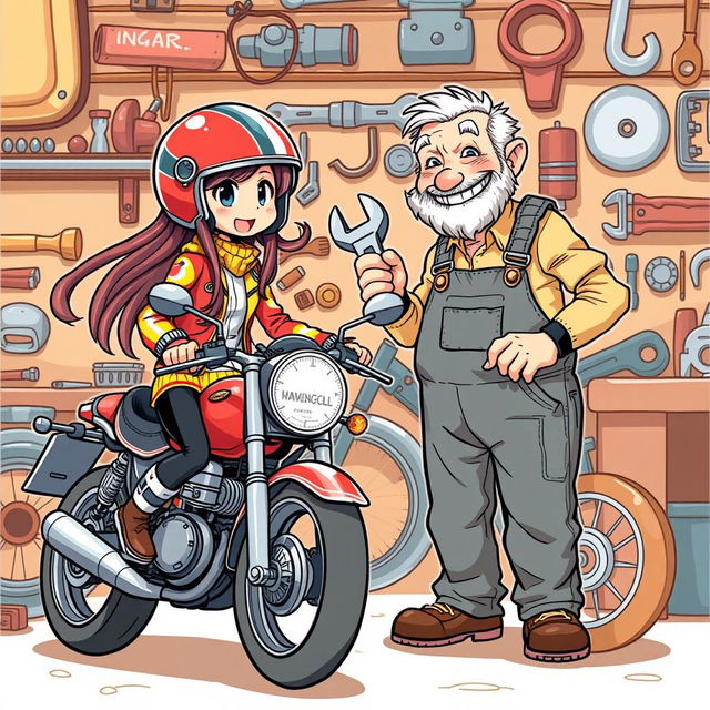 A whimsical illustration of a girl motorcycle rider meeting a jovial old mechanic