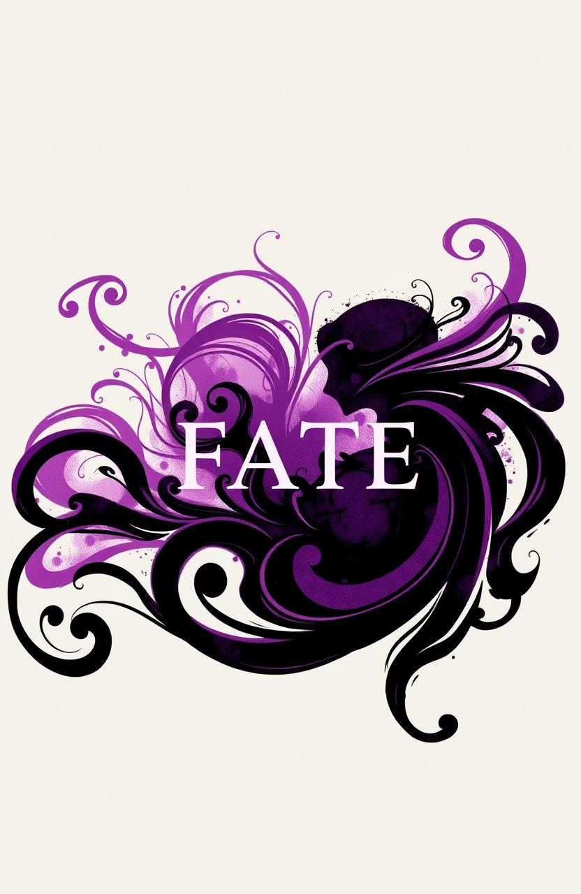 An abstract conceptual artwork titled 'FATE', predominantly in shades of purple and black