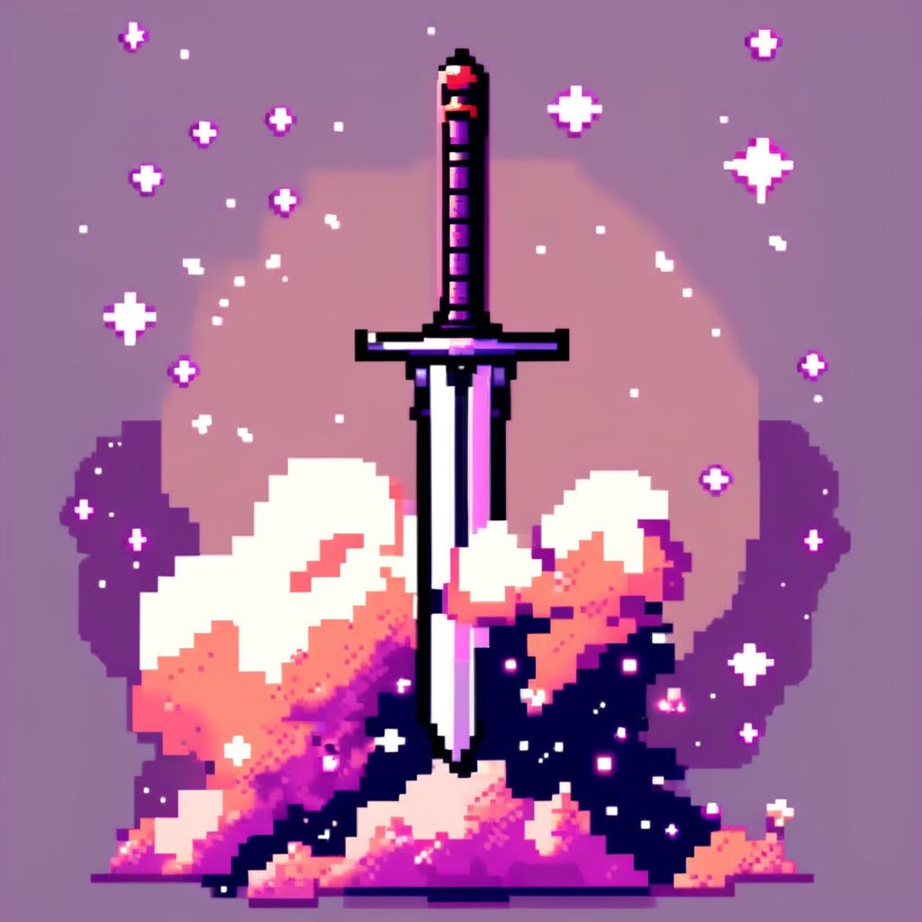 Pixel art profile picture featuring a standalone sword against a cosmic background filled with stars and galaxies.